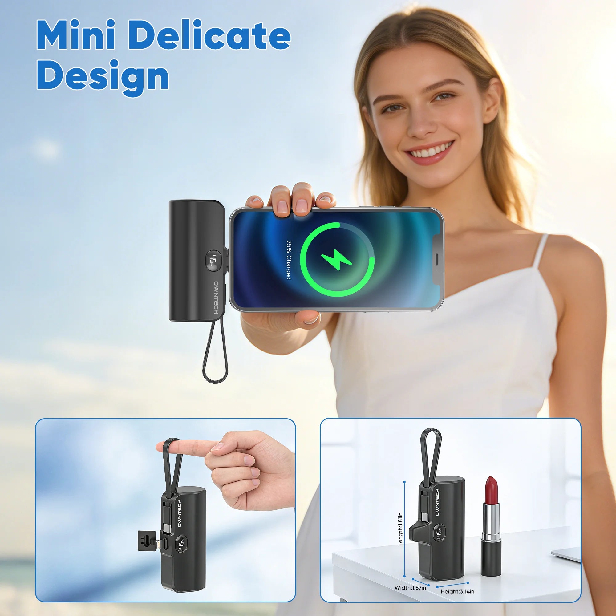 Cargador Portátil Banco De Energía Para Iphone Android Con Pantalla LED 5000Mah Mini Cargador Rápido Paquete De Batería Compatible Con Iphone 15/14/13/12