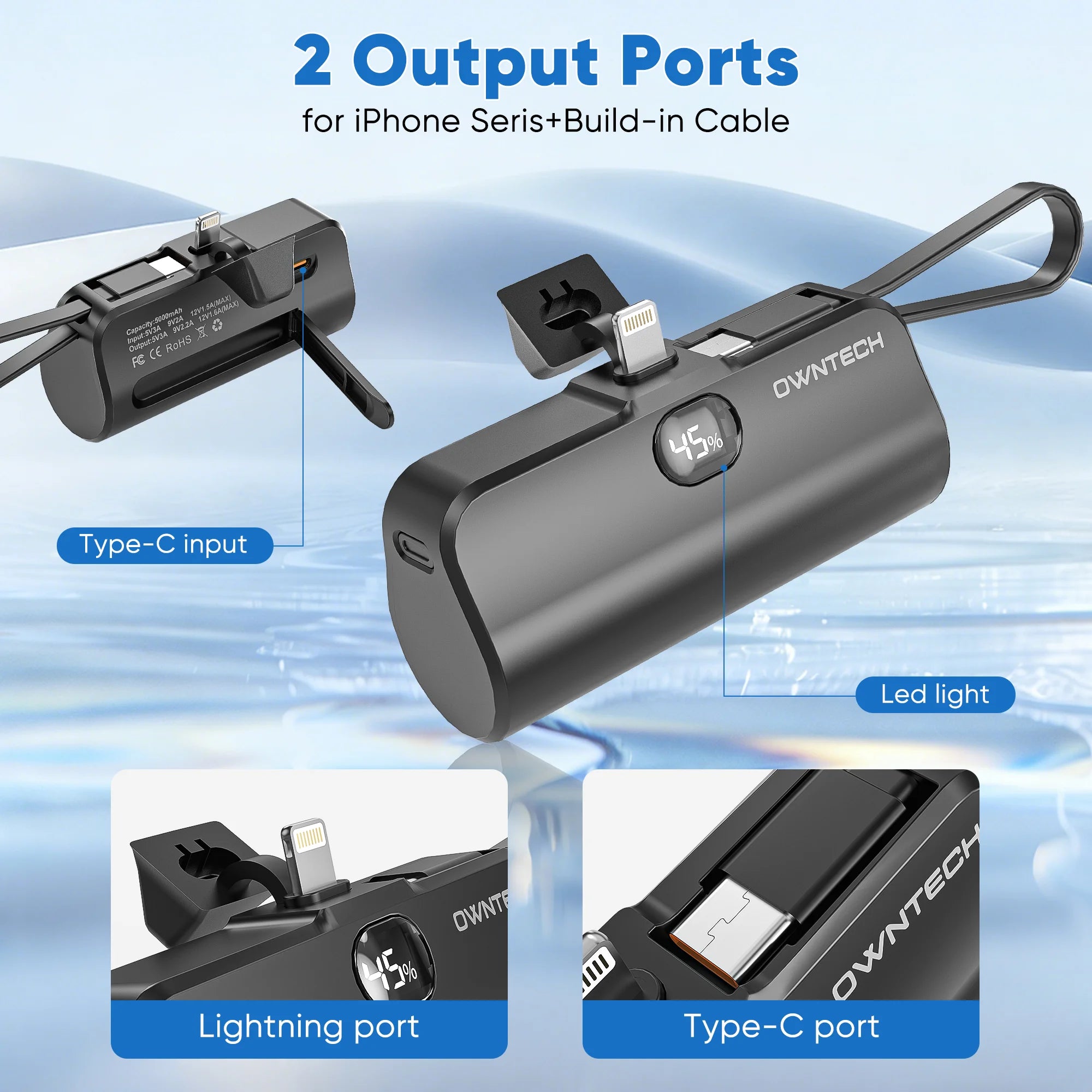 Cargador Portátil Banco De Energía Para Iphone Android Con Pantalla LED 5000Mah Mini Cargador Rápido Paquete De Batería Compatible Con Iphone 15/14/13/12