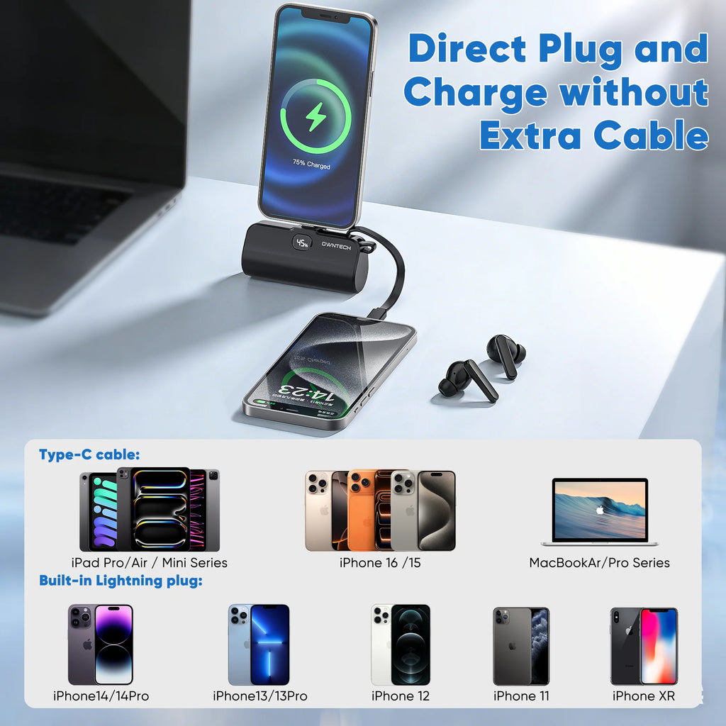 Cargador Portátil Banco De Energía Para Iphone Android Con Pantalla LED 5000Mah Mini Cargador Rápido Paquete De Batería Compatible Con Iphone 15/14/13/12