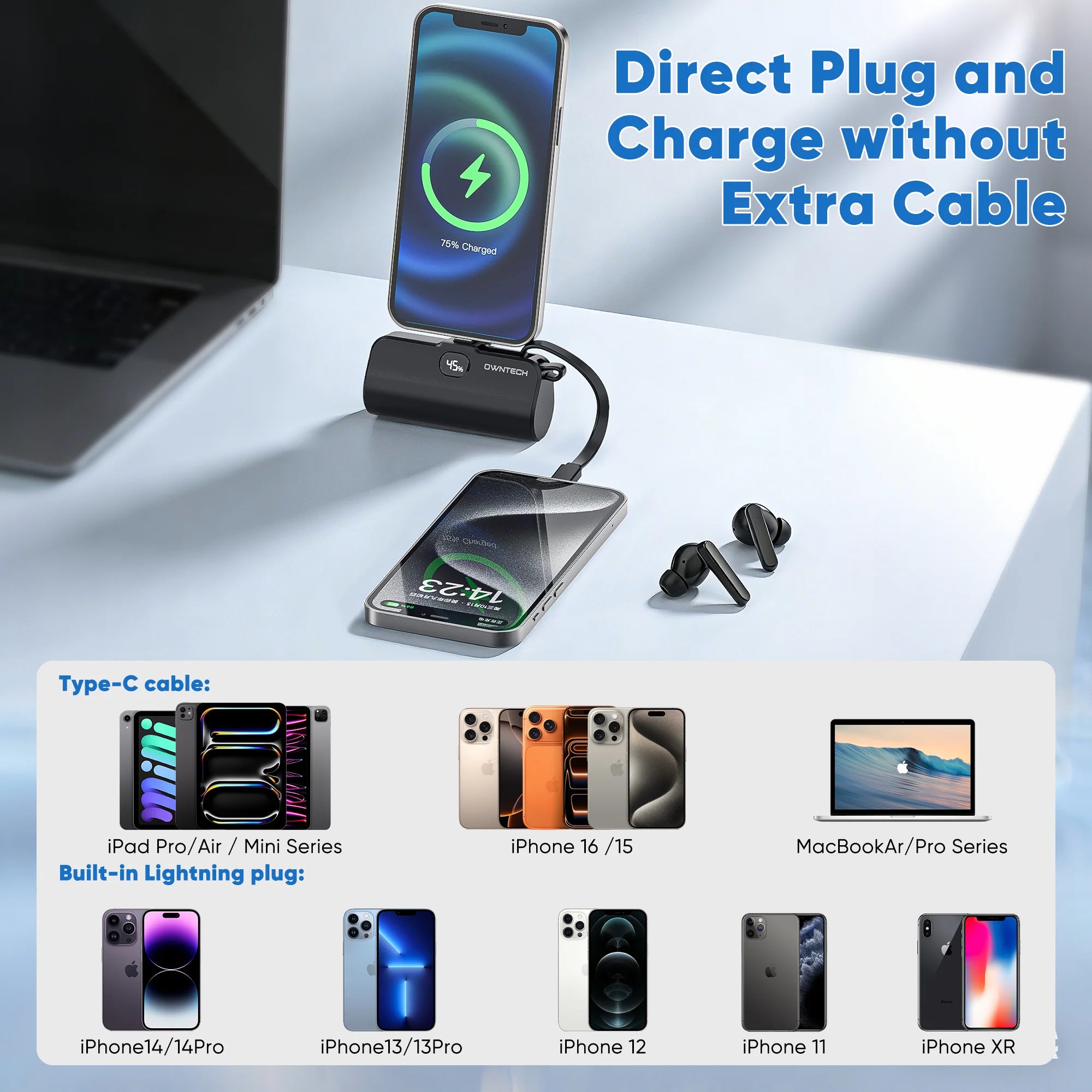 Cargador Portátil Banco De Energía Para Iphone Android Con Pantalla LED 5000Mah Mini Cargador Rápido Paquete De Batería Compatible Con Iphone 15/14/13/12